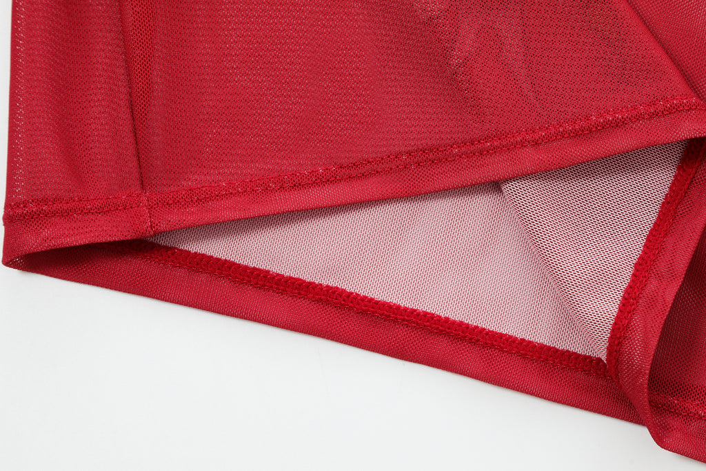 Close-up detail of Ed Hardy Rebel Rose Mesh Maxi Set in red print
