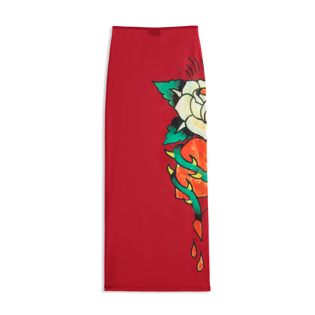 Close-up detail of Ed Hardy Rebel Rose Mesh Maxi Set in red print