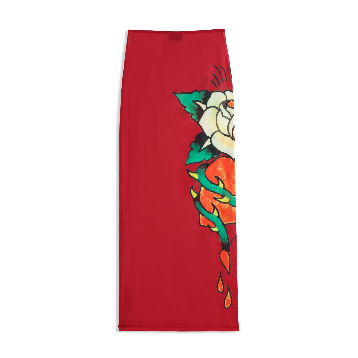 Close-up detail of Ed Hardy Rebel Rose Mesh Maxi Set in red print