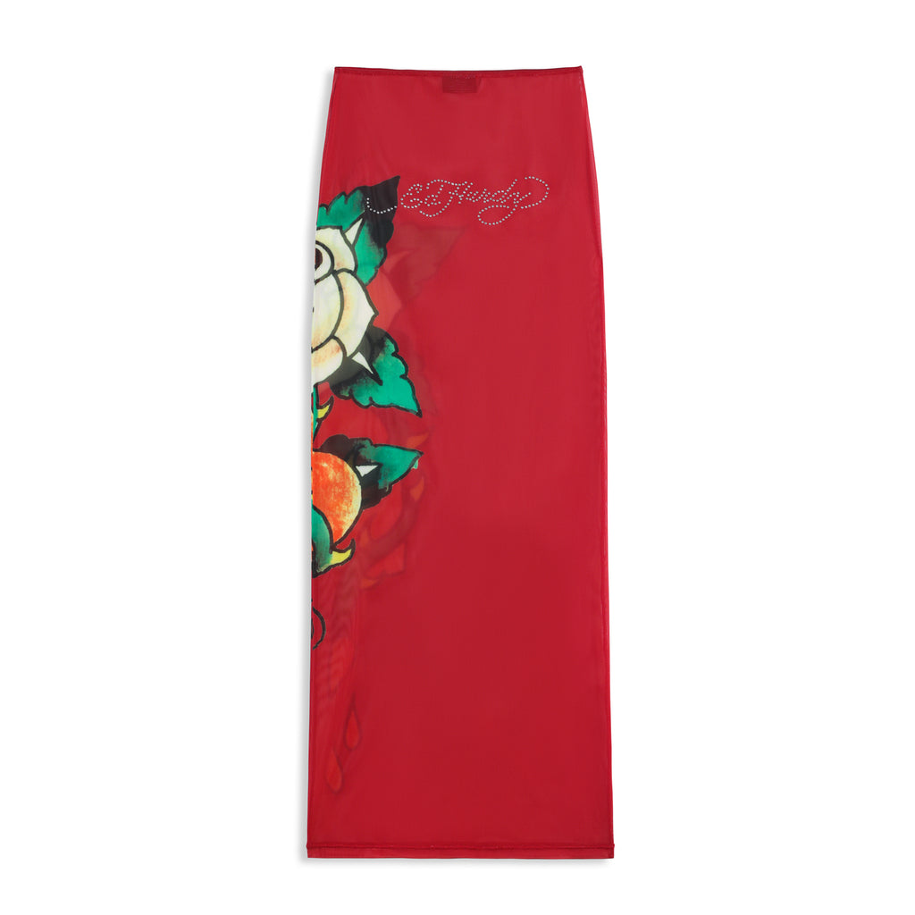 Close-up detail of Ed Hardy Rebel Rose Mesh Maxi Set in red print