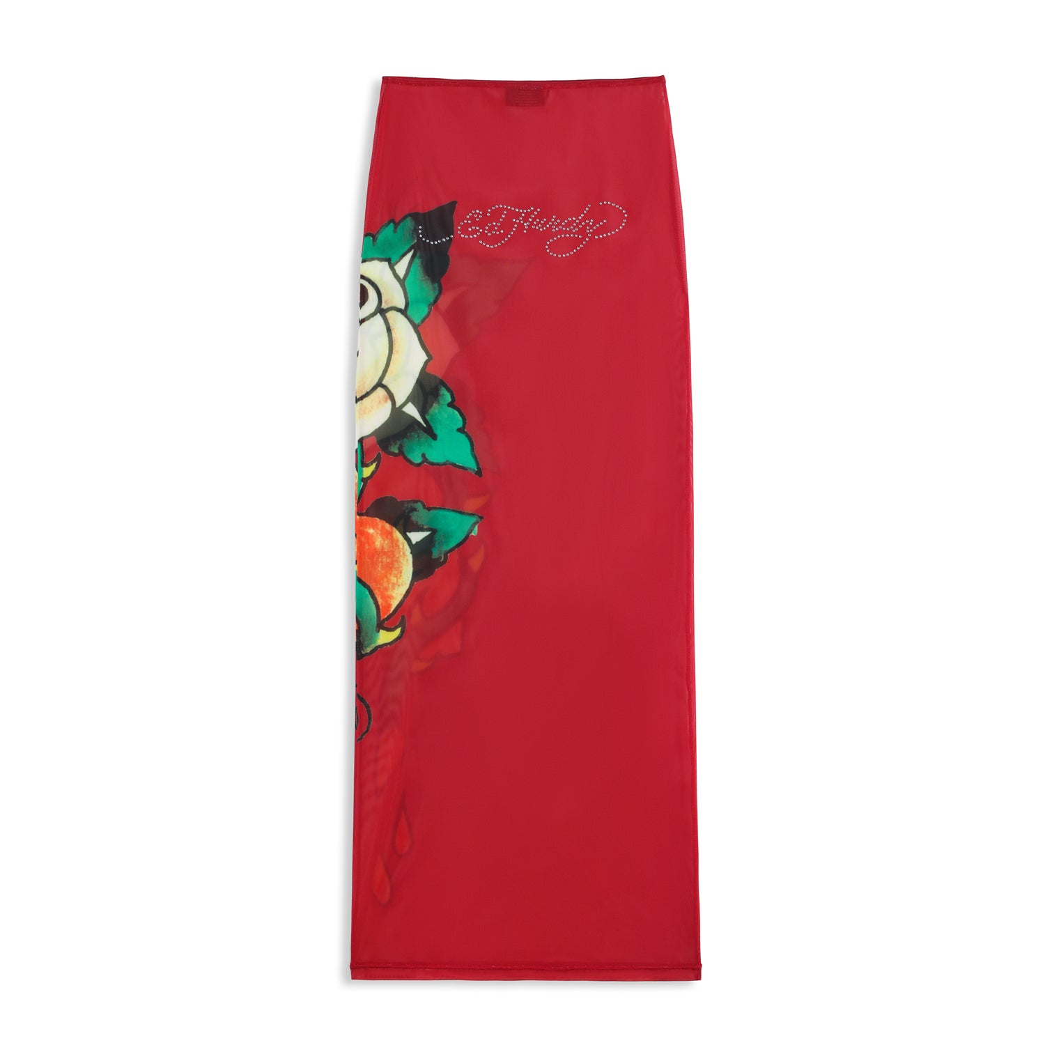 Close-up detail of Ed Hardy Rebel Rose Mesh Maxi Set in red print