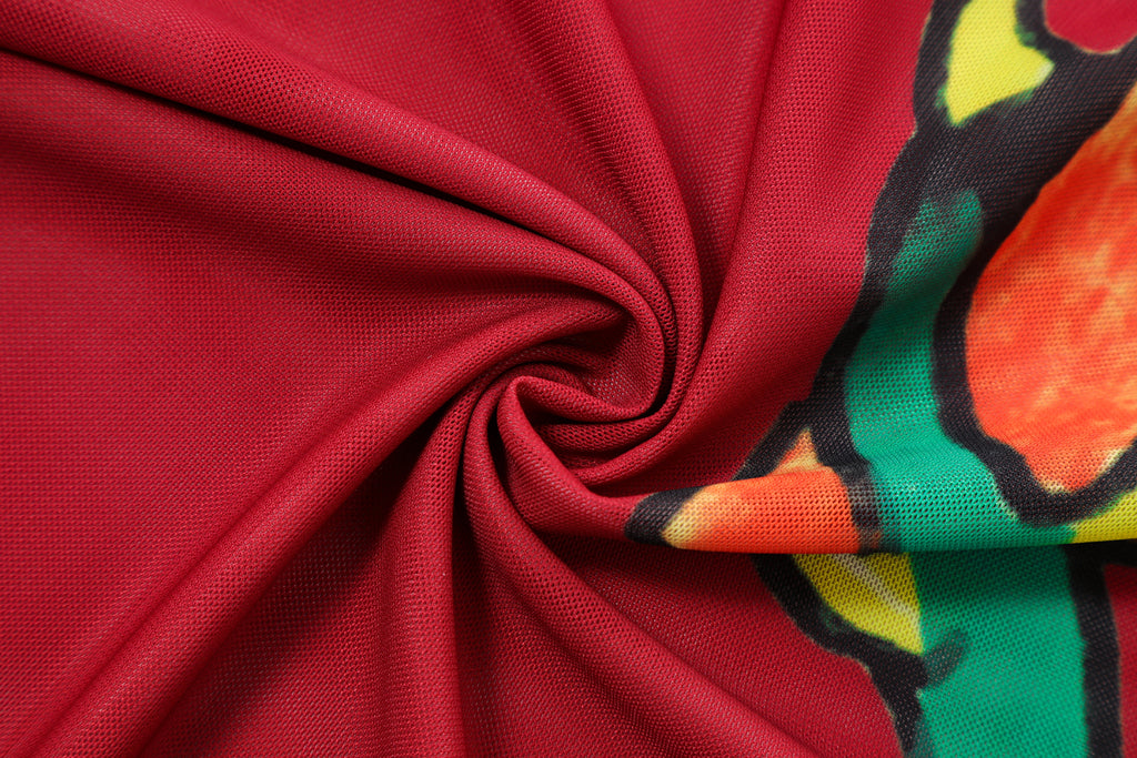 Close-up detail of Ed Hardy Rebel Rose Mesh Maxi Set in red print