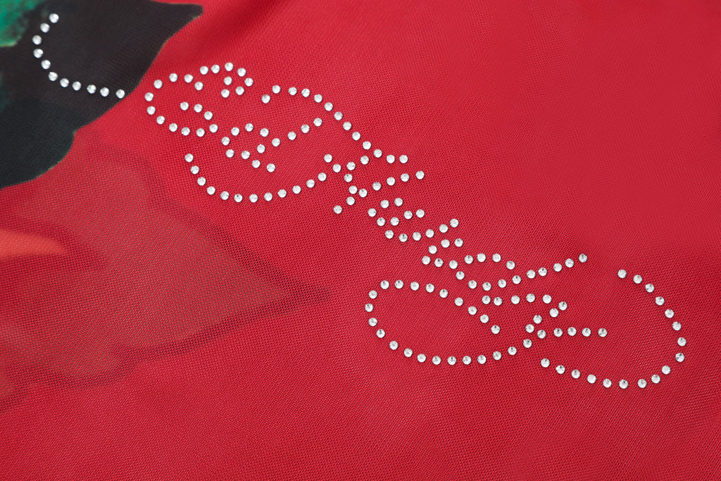 Close-up detail of Ed Hardy Rebel Rose Mesh Maxi Set in red print