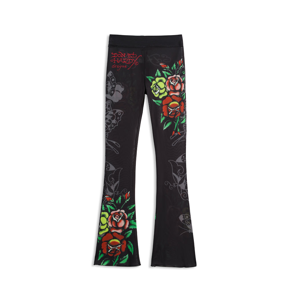Close-up detail of Ed Hardy Traditional Rose Swim Flare in black print
