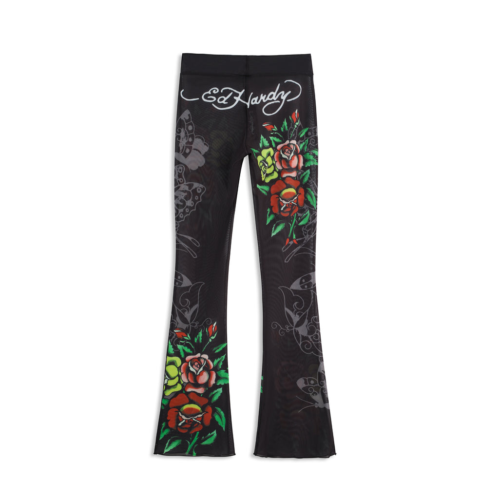 Close-up detail of Ed Hardy Traditional Rose Swim Flare in black print