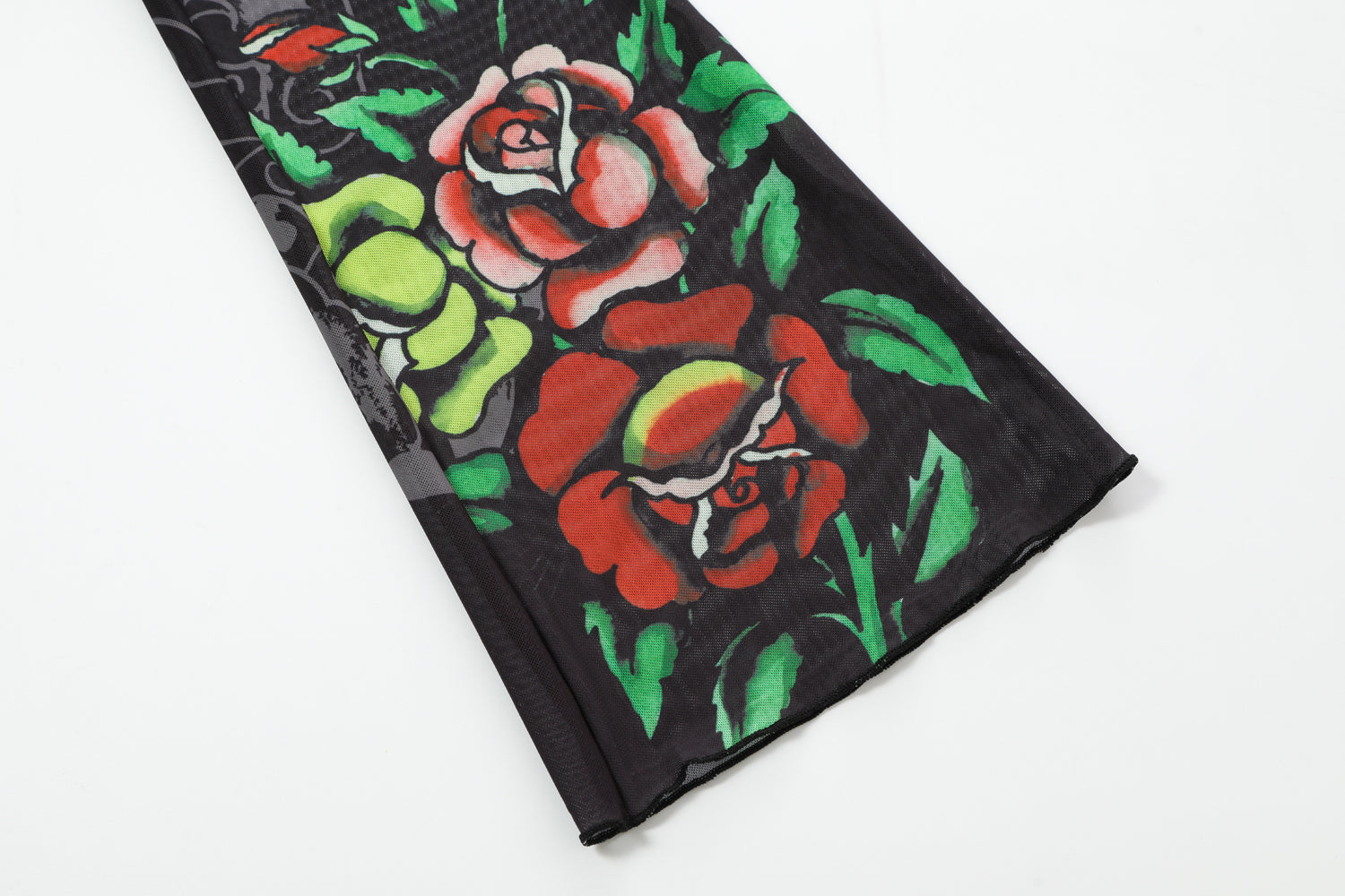 Close-up detail of Ed Hardy Traditional Rose Swim Flare in black print