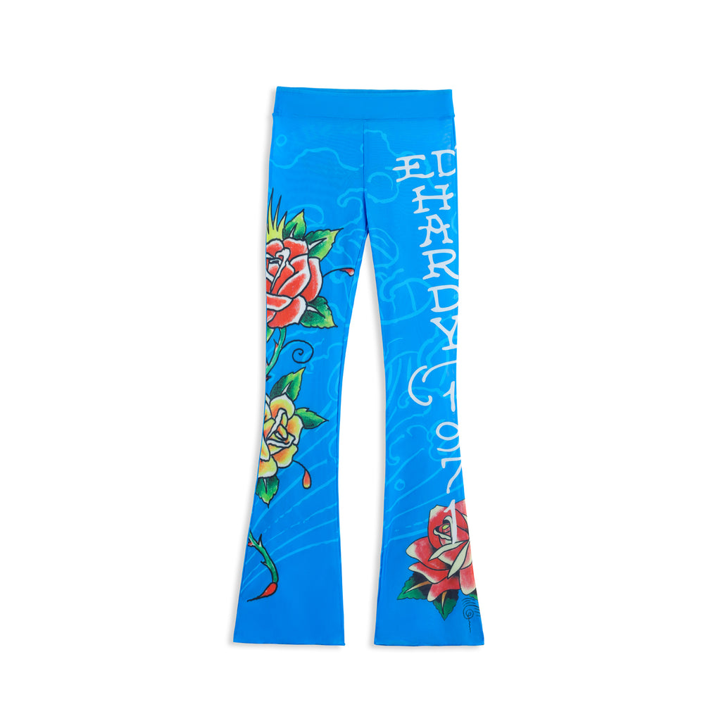 Close-up detail of Ed Hardy Sapphire Siren Swim Flare in blue print