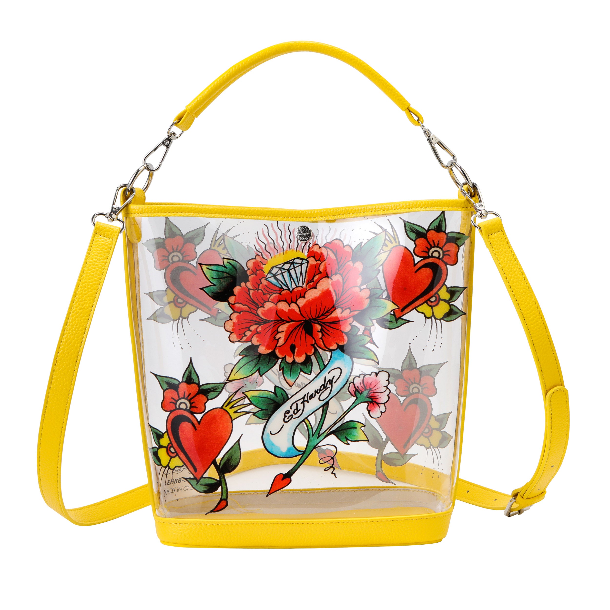 Yellow Ed Hardy PVC Beach Bucket Bag - Heart Of Diamonds