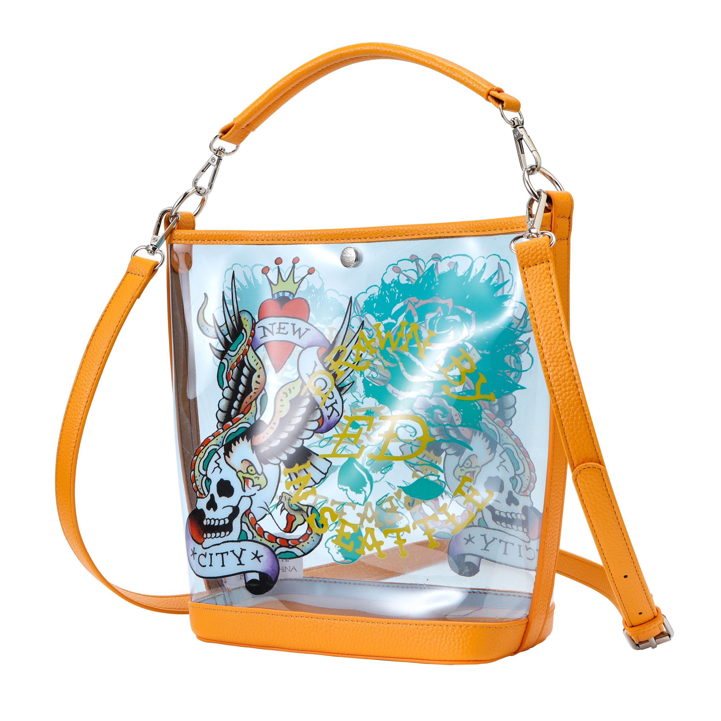Orange Ed Hardy PVC Beach Bucket Bag - Drawn in Seattle