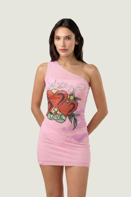 SUGAR' - ONE SHOULDER MESH DRESS - PINK